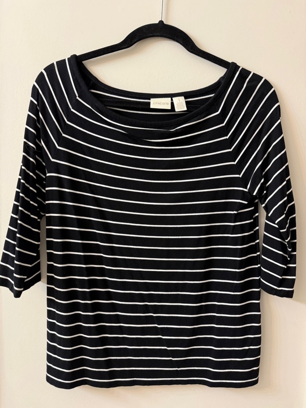 Chico's Black and White Striped three quarter Sleeve Boatneck Tee